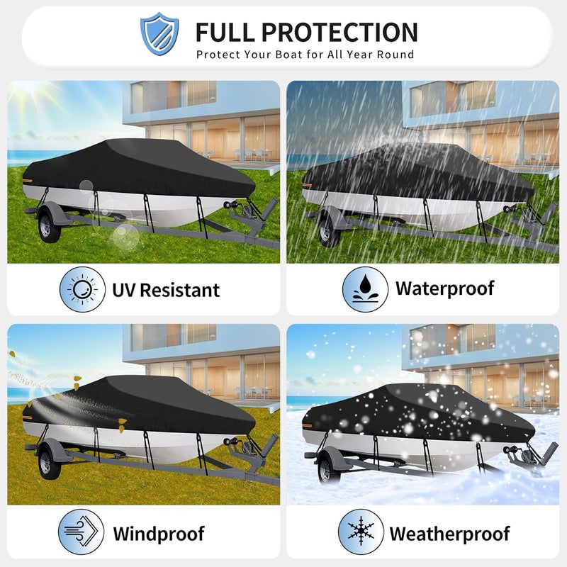 OutdoorLines Waterproof Boat Covers 16-18.5 Ft Long Black- Heavy Duty UV Resistant Trailerable Boat Covering for V-Hull,Tri-Hull, Bass, Runabout, Fish&Ski,Pro-Style Fishing Boat - Image 4